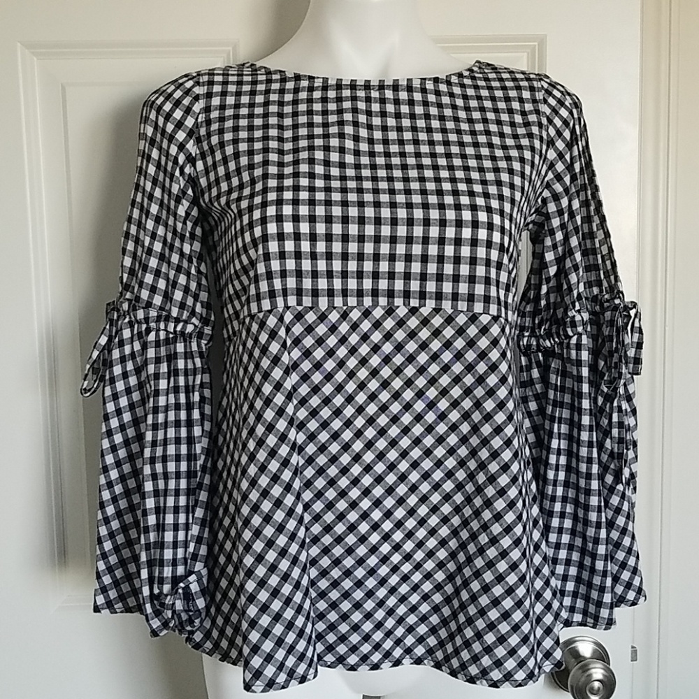 LOFT Petite Gingham Tie Bell Sleeve Blouse